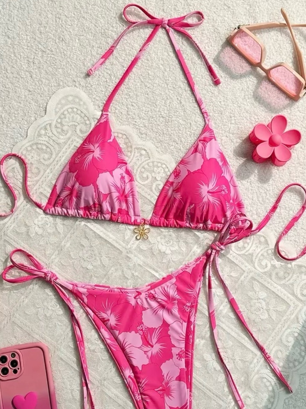 Pink hibiscus floral bikini set #swimwear #floral